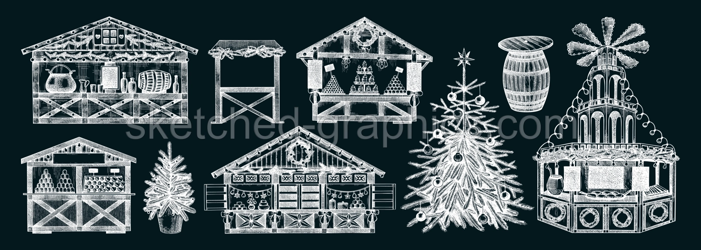 Christmas market design elements. Hand drawn vector illustration. Traditional winter holiday marketplace on chalkboard. Wooden stall kiosk, Christmas tree, candy shop, bakery, mulled wine sketches Illustration